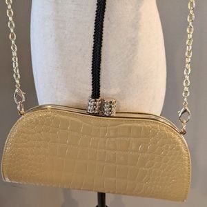 Beige Patent Purse with Rhinestone Closure